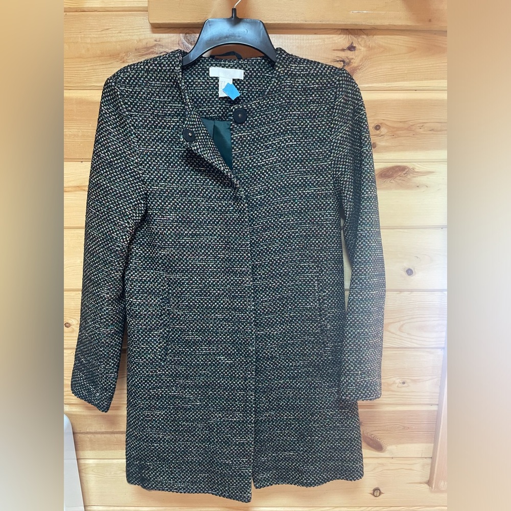H&M Green Multicolor Tweed Snap Front Long Coat size US2